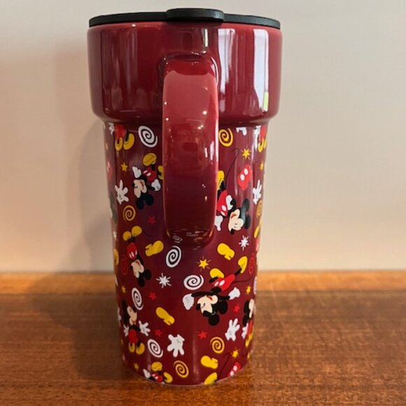 The Disney Store 12oz Mickey Mouse All Over Maroon Travel Mug Cup with Lid - Picture 3 of 8